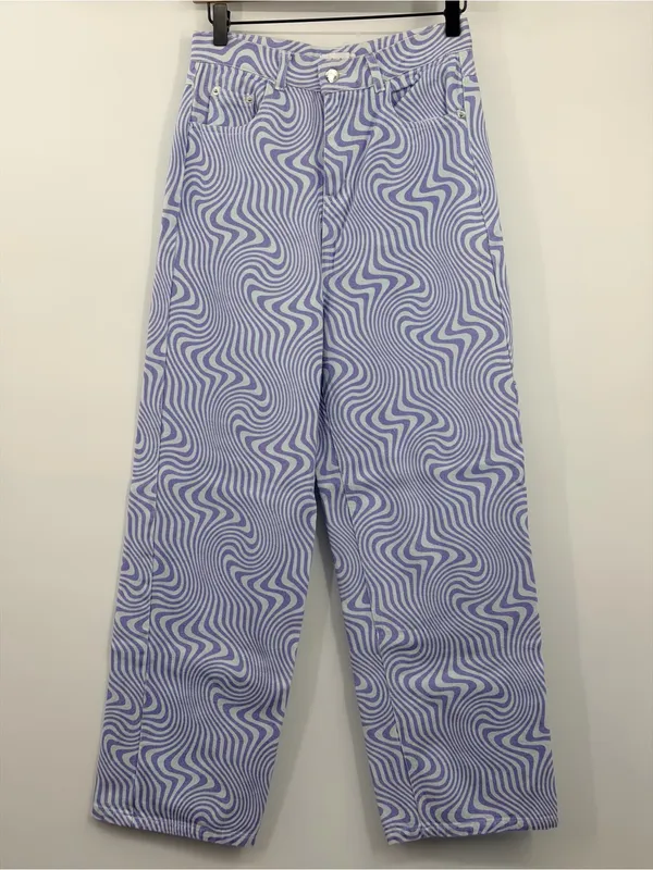 SHEKOU Psychedelic Swirl Wide Leg Jeans Medium‎ Purple Blue Y2K Satin - Image 2
