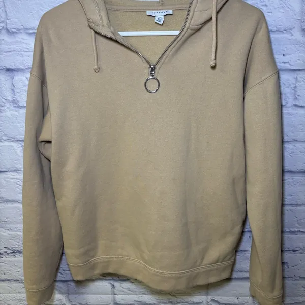 TOPSHOP Hoodie Quarter Zip Hooded Sweatshirt Tan Size 0-2 - Image 2