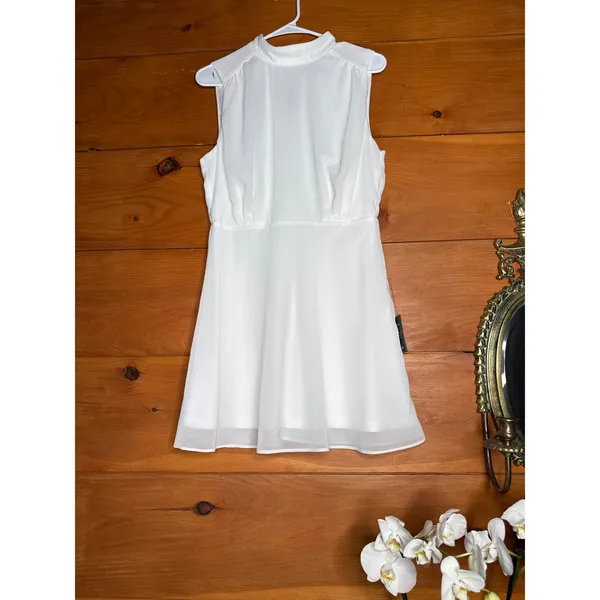 NWT Lulus Classic Elegance White Chiffon Sleeveless Mock Neck Mini Dress Size M - Image 2