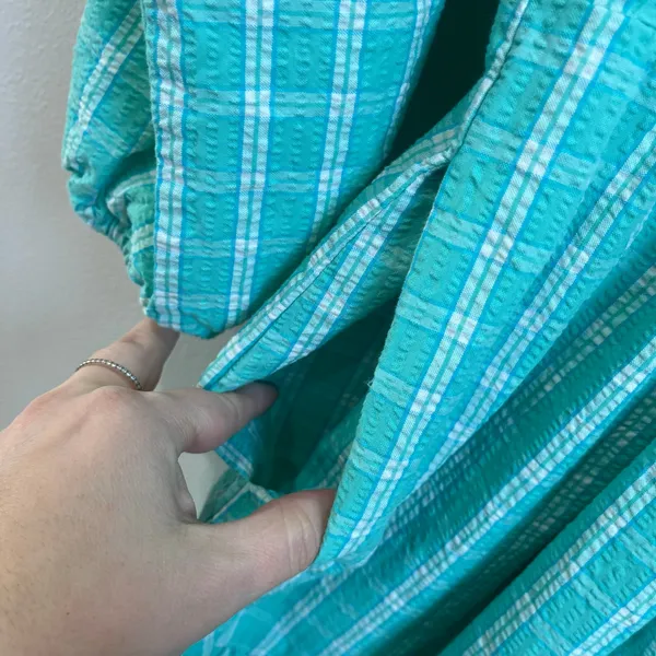 J.Crew Aqua Mint‎ Seersucker Ruffle Neck Mini Dress Preppy Sz 14 - Image 4