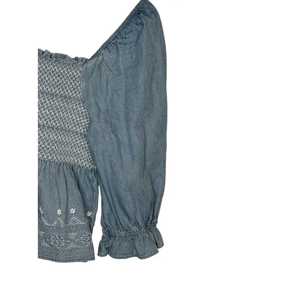 American Eagle Smocked Denim Peplum‎ Top Womens Small Blue Embroidered Babydoll - Image 6