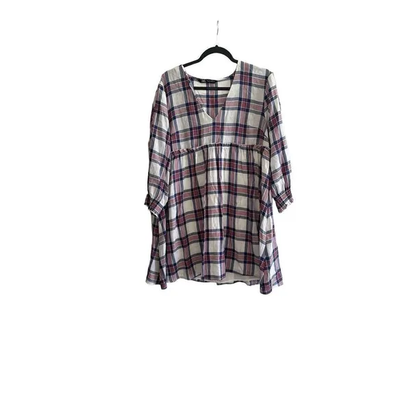Zara White Red Blue Plaid V/Neck Fit& Flare Pleat Tunic Midi Dress Sz L - Image 3