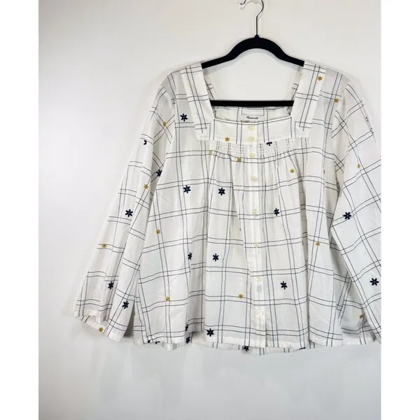 NWT Madewell Womens Top White Embroidered Windowpane Square Neck Button Down 2XL - Image 6