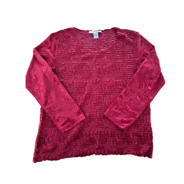 Rafael Textured Crinkle Velvet Floral Top XL Deep Red‎ Long Sleeve Blouse - Image 14