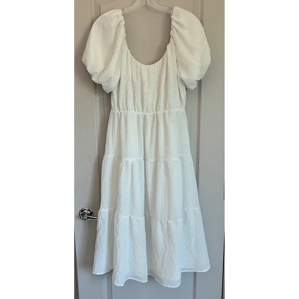 ASTR The‎ Label White Textured Puff Sleeve Tiered Midi Dress ADR100877 Womens XS - Image 9