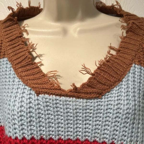 Women Distressed Oversized V Neck Sweater Fringe Hem Colorblock Boho Y2K Small - Image 2