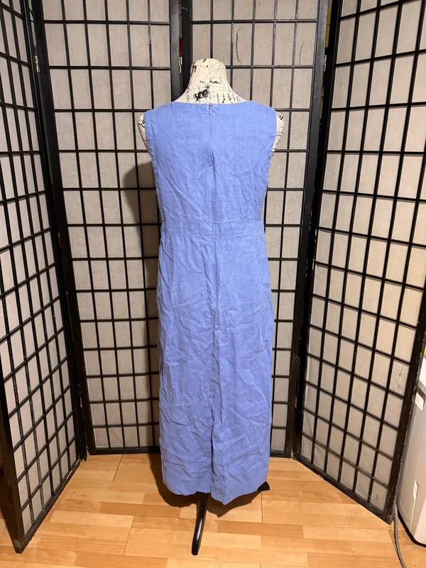 Harve Benard Vintage Linen periwinkle sleeveless V-neck side slits Sz M Maxi Dress Light Blue coastal minimalist - Image 3
