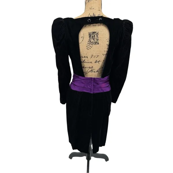 Jessica McClintock Gunne Sax Dress 11/12 Black‎ Velvet Purple Satin 80s HCO Prom - Image 2