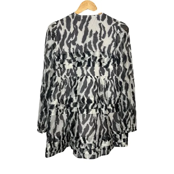 Maeve Anthro Animal Print Mini Dress XXS Gray Tiered Ruffle Long Sleeve Chiffon‎ - Image 11