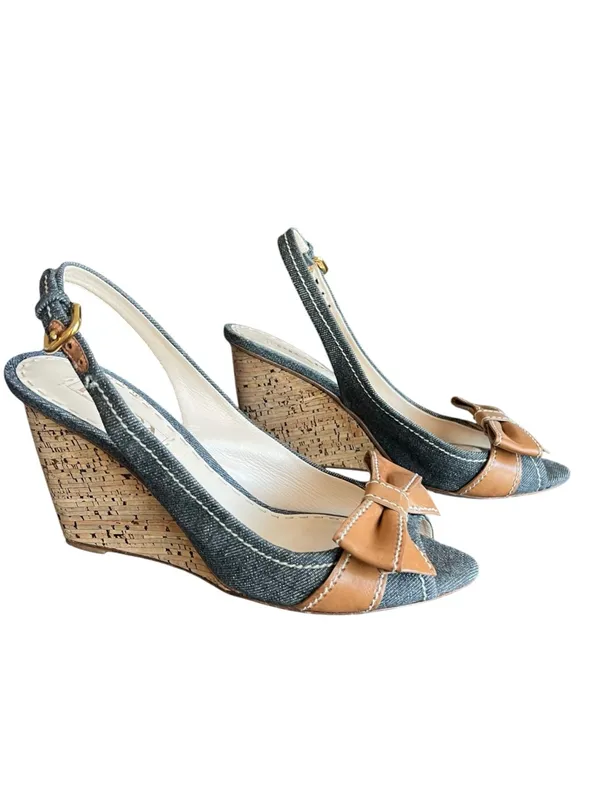 Prada Women’s Peep Toe Denim Cork Leather Bow Wedge Y2K Vintage Heels 38.5 - Image 2