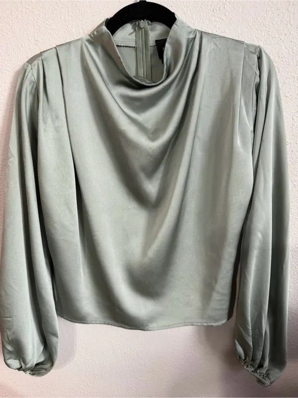 Line & Dot Satin Mock Neck Blouson Top - Sage Green - Image 5