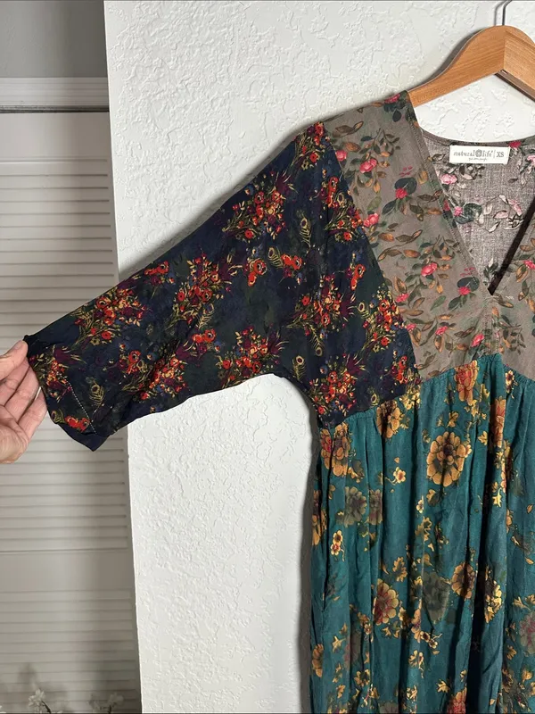 NATURAL LIFE Green Floral V Neck Mini Dress Pockets Boho Forest Brown XS - Image 3
