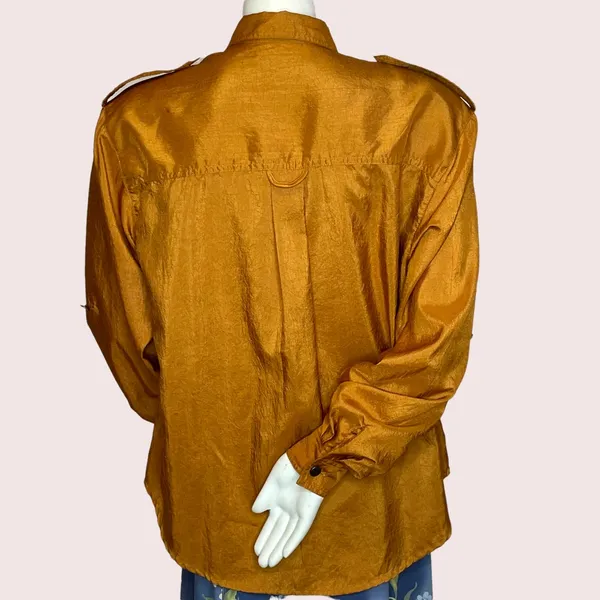 Vintage Copper‎ Blouse Epaulets Button-Up Crinkly Fabric Front Pockets Shirt Top - Image 6