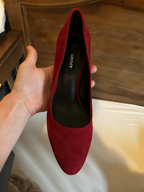DKNY Red Suede Chunky Block Heels wedding guest shoes  - Image 3