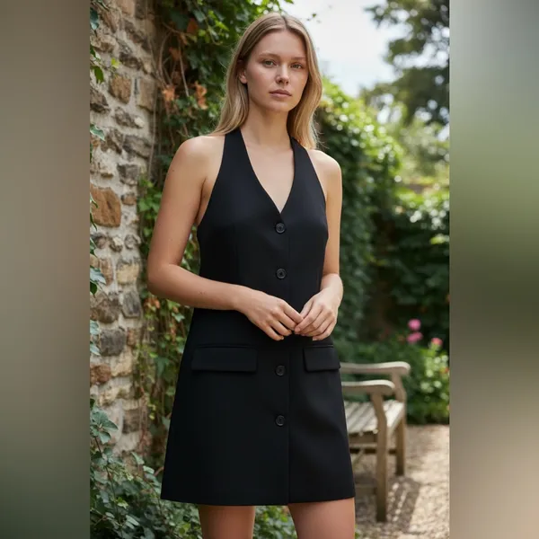 NWOT Abercrombie & Fitch Black Button Mara Halter Vest Backless Mini Dress M - Image 2