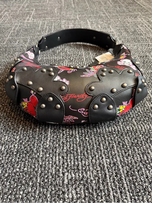 Ed Hardy Tattoo Print Hobo Bag Black Studded Love Kills Slowly Cross Charm NWT - Image 2
