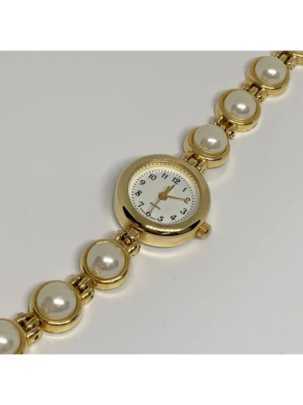 Vintage women’s watch faux pearls gold tone links 21mm quartz 7” running - Image 3