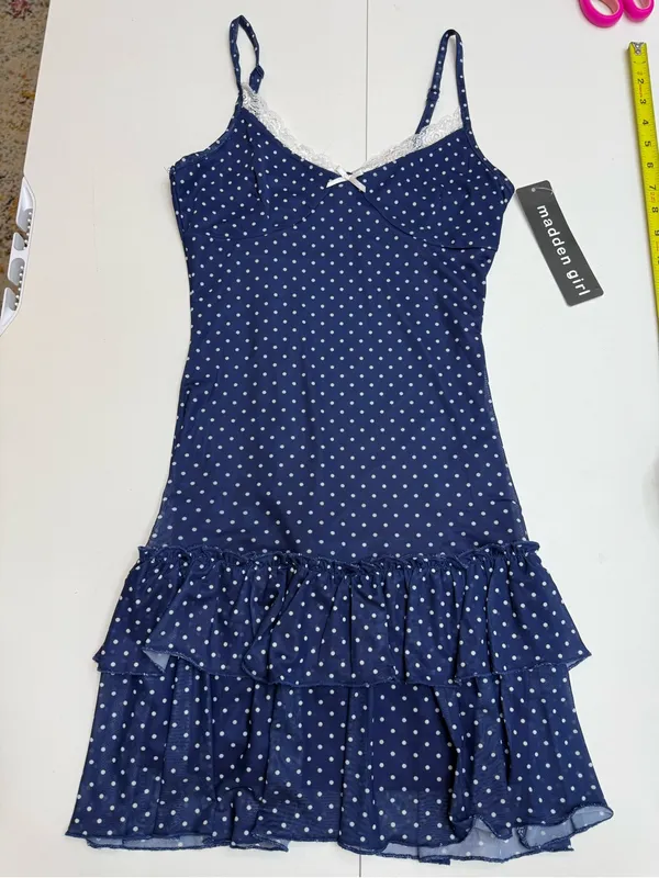 Madden Girl Navy Blue Polka Dot Lace Trim Ruffle Mini Dress Size S - Image 7