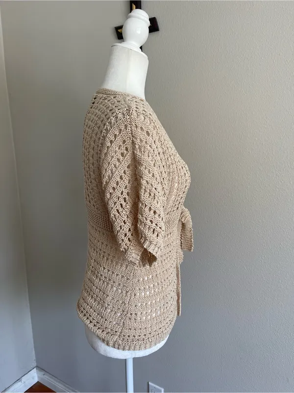 Women's Crochet Tie-Front Shrug in Beige - Image 3