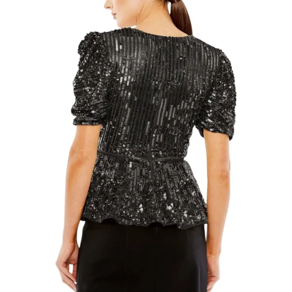 Mac Duggal R5694 Black Sequin Floral Faux Wrap Peplum Top L - Image 2