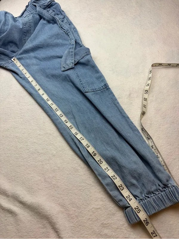 Tgla Paperbag Waist Denim Cargo Jogger Pants Tie Belt - Image 8