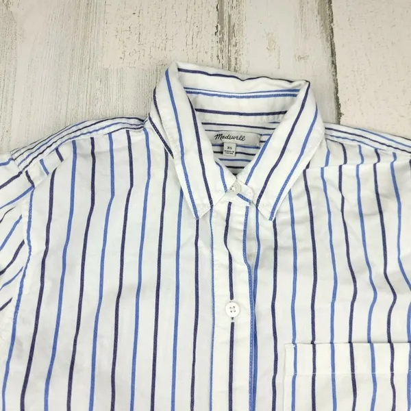 Madewell Ex-Boyfriend Shirt XS Blue White Stripe Button Down Cotton Top - Image 7