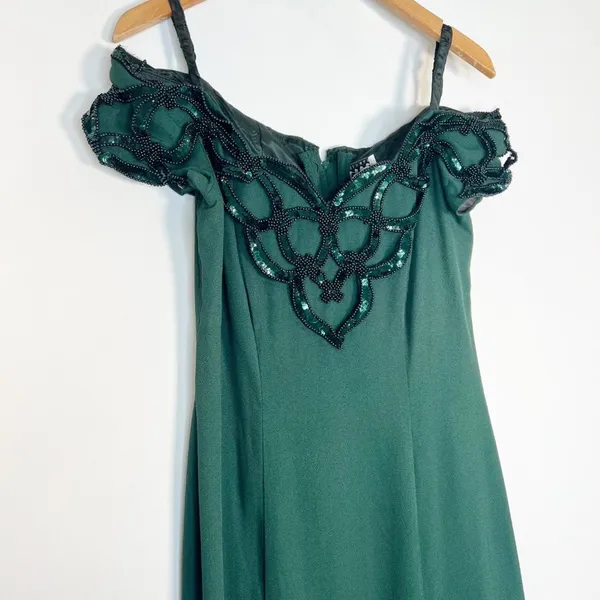 Vintage 90s Niki Originals Emerald Green Beaded Sequin Gown Dress Womens 8 - Image 3