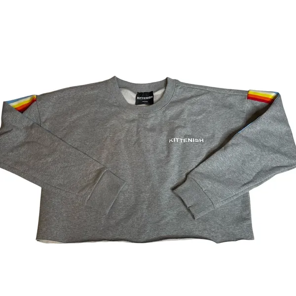 Kittenish Grey Cropped Sweatshirt Rainbow Stripe Sleeve Lounge‎ Athleisure M - Image 4