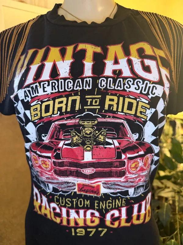 Vintage Racing Club Graphic T-Shirt Dress Fringed Shoulder Size L - Image 6