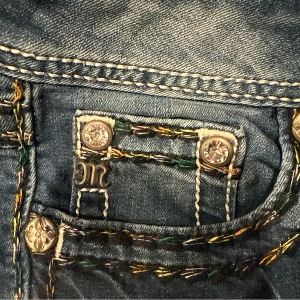 Miss Me Women Cut Off Shorts sz 27 Blue Denim Bling Distressed used to be long - Image 4