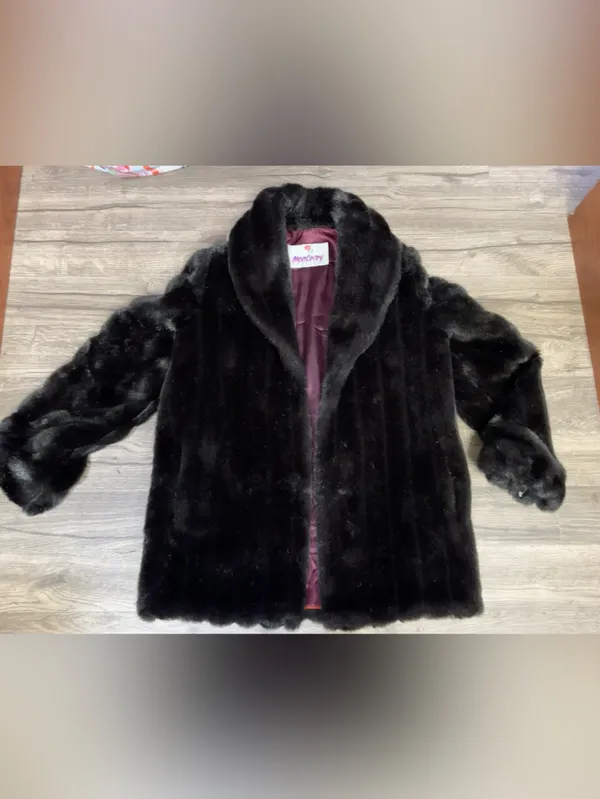 Vintage Monterey Fashions Faux Fur Coat Black Dark Brown Burgundy Lining SZ 12 - Image 2