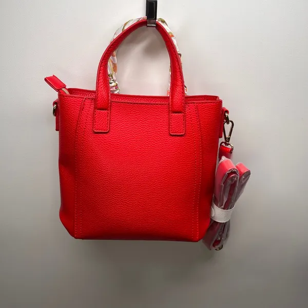 Red Pebbled Leather Tote Bag with Floral Scarf‎ Top Handle Detachable Strap - Image 2