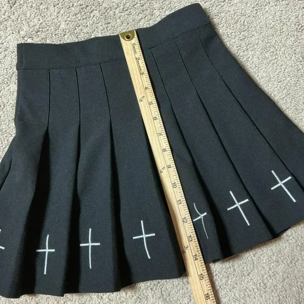Black‎ Pleated Mini Skirt White Cross Detail Punk Goth Alt Streetwear Size S - Image 7