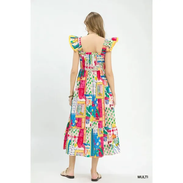 Umgee Abstract Print Smocked Ruffle Sleeve Tiered Midi Dress - Medium - Image 4