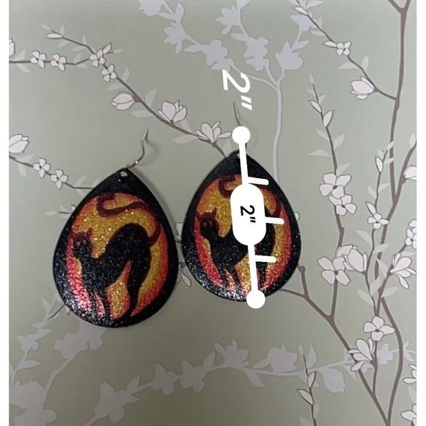 Black‎ Cat Halloween Teardrop Dangle Earrings Glitter Spooky Festive 2 Inch - Image 4