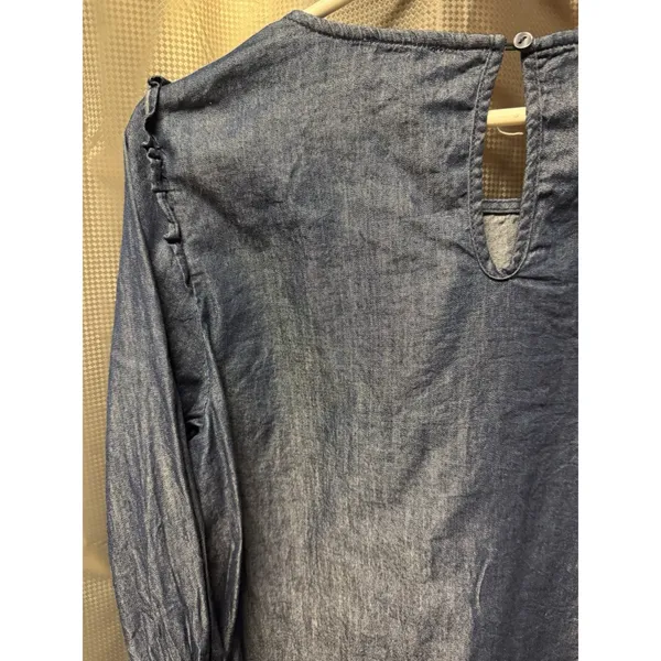 C Women's Blue Solid Denim Blouse M Round Neck Long Puff Sleeve Smocked Cuff New - Image 8