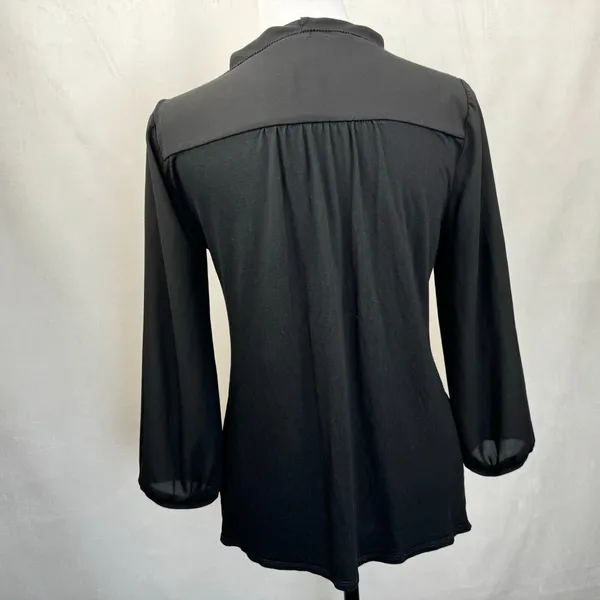 Loft Black Blouse Sz S Sheer Front Knit Back V-Neck Flapped Neckline - Image 2
