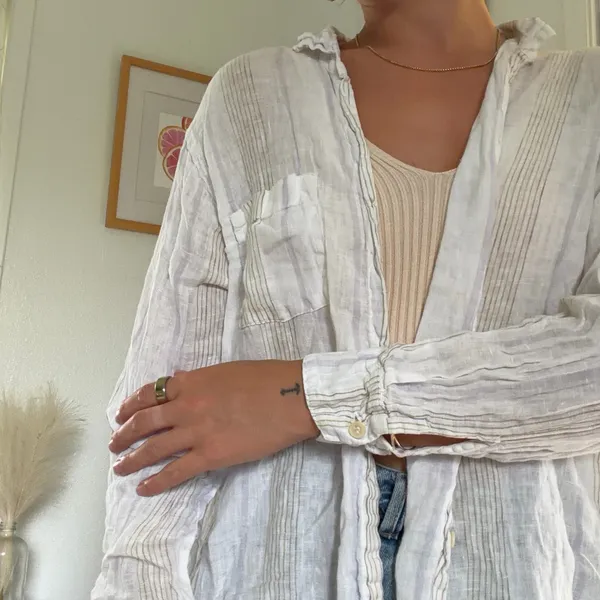 White linen button up shirt with ruffle collar and long sleeves #linen #summer - Image 4
