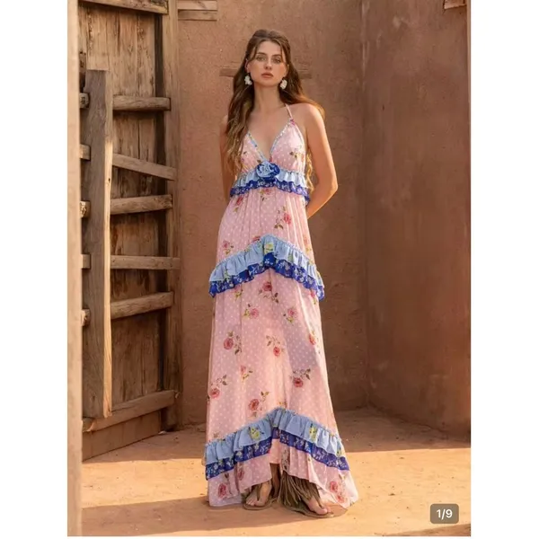 Faeriesty Pink Floral Tiered Halter Maxi Dress Ruffle Cottagecore XL Rose Print‎ - Image 10