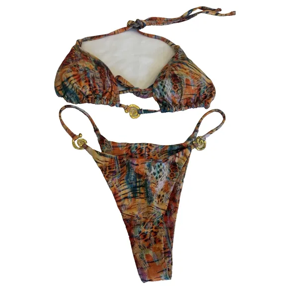 NWT Animal Print String Bikini Set Gold Hardware 2 Piece Swimsuit Medium - Image 3