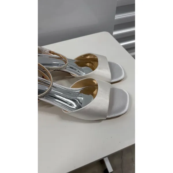 White Satin Rhinestone Ankle Strap Square Toe Block Heel Sandals Size 10 - Image 5