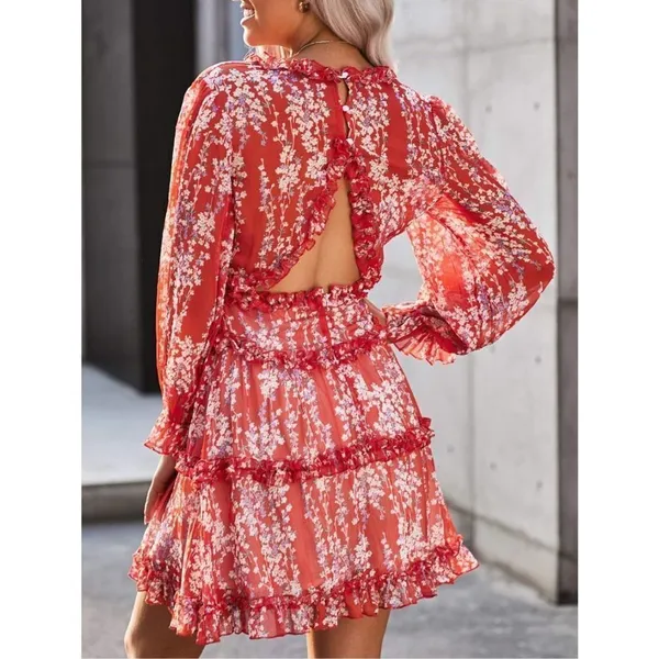 NEW Deep V Neck Long Sleeve Ruffle Layer A-Line Swing Mini Dress L - Image 2