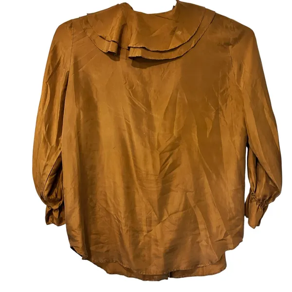 Karnold Blouse VTG Top Silk Boho Y2K 90'S Ruffle Peasant Sleeve Brown SZ LG FLAW - Image 2
