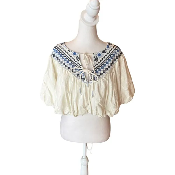 Free People Joni Top Boho Embroidered Puff Sleeve Cropped White Blue Women Small - Image 2