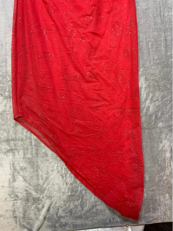 Morgan and Co Linda Bernell Vintage Red Glitter Asymmetrical Mesh Dress No Size - Image 7