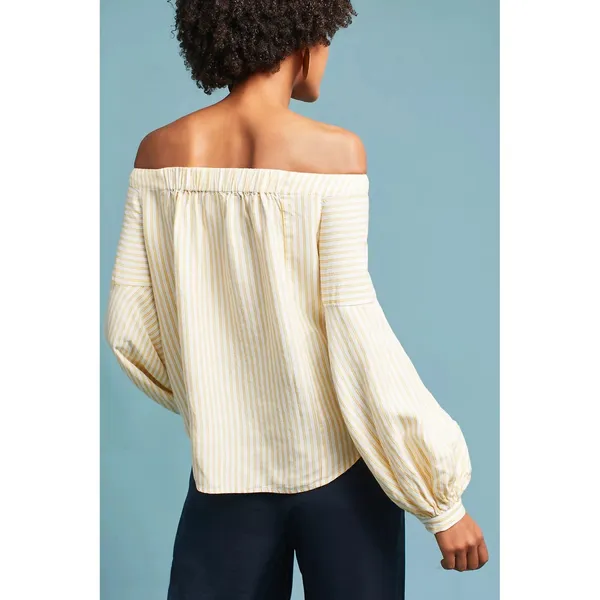 Maeve Anthropologie Clotille Off Shoulder Blouse Yellow Stripe Linen Blend Sz 14 - Image 4
