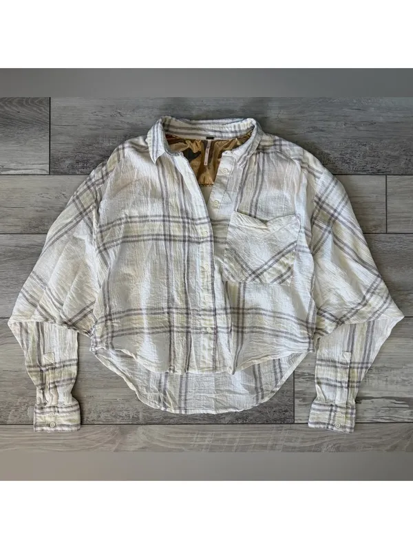Free People Cutie Plaid Button Down Cream and yellow size small - Image 5