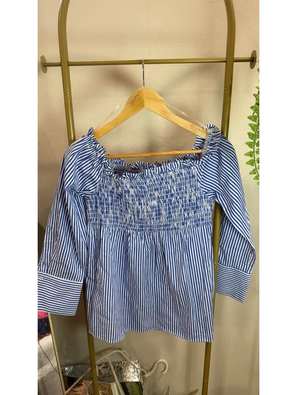 Size M Blue & White Striped Smocked Off-the-Shoulder Top - Image 3