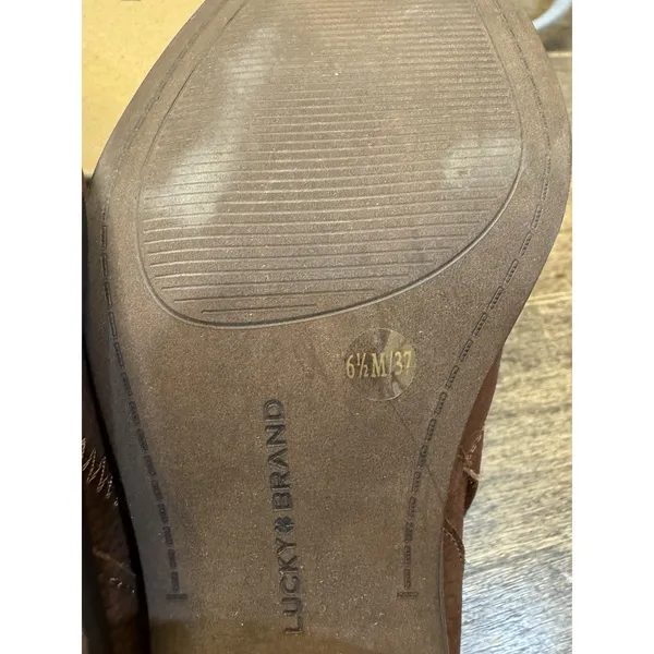 Lucky Brand Women's Vennia Brown Nubuck Leather Booties Stacked Heel Slip On - Image 9