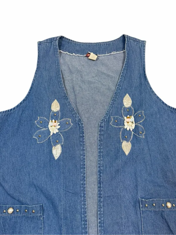 Vintage Embroidered Floral Denim Vest Pearl Studded Boho Western Cottagecore M - Image 4
